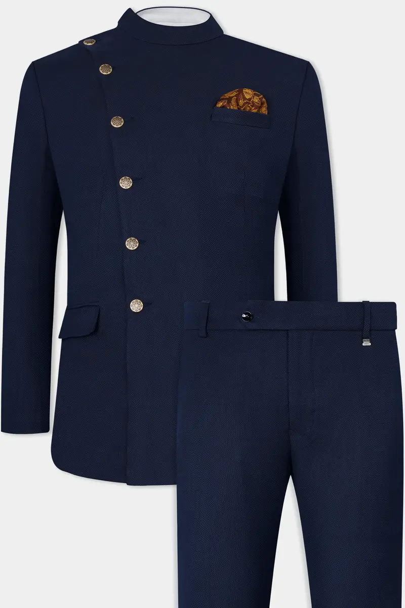Berkeley Blue Wool Rich Cross Placket Bandhgala Suit 2