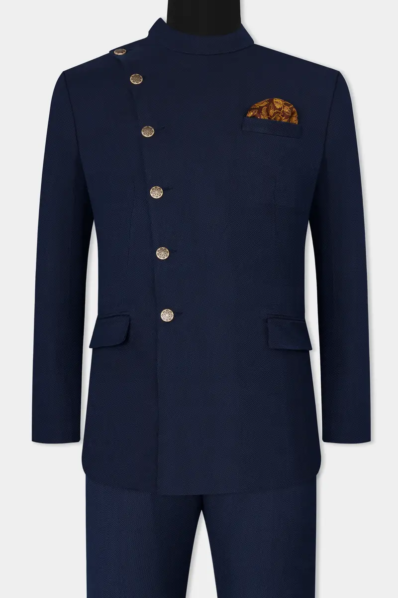 Berkeley Blue Wool Rich Cross Placket Bandhgala Suit 4