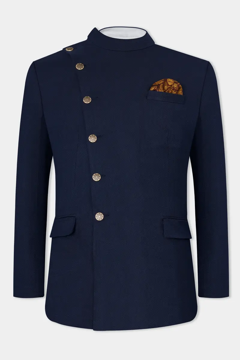 Berkeley Blue Wool Rich Cross Placket Bandhgala Suit 5