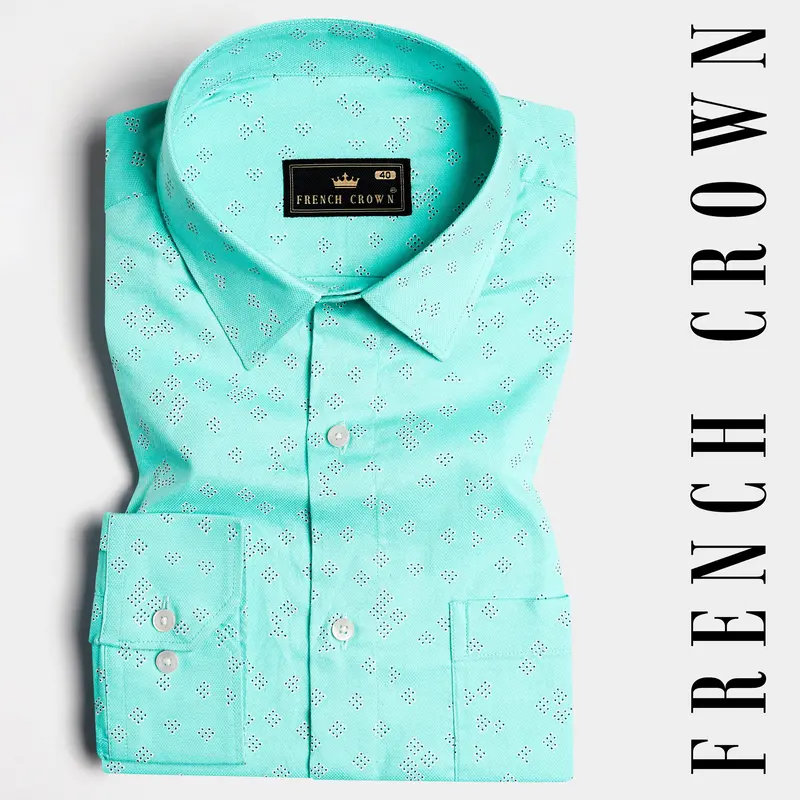 Bermuda Blue With Black And White Dobby Textured Premium Giza Cotton Shirt 4