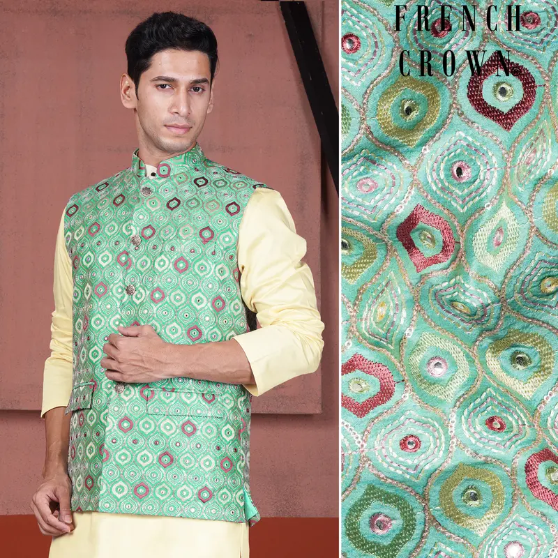 Bermuda Green And Charm Pink Ogee Cotton Thread Embroidered Designer Nehru Jacket 1