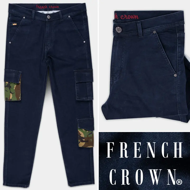 Berry Blue Rinse Wash Camouflage Pockets Printed Cargo Denim 1