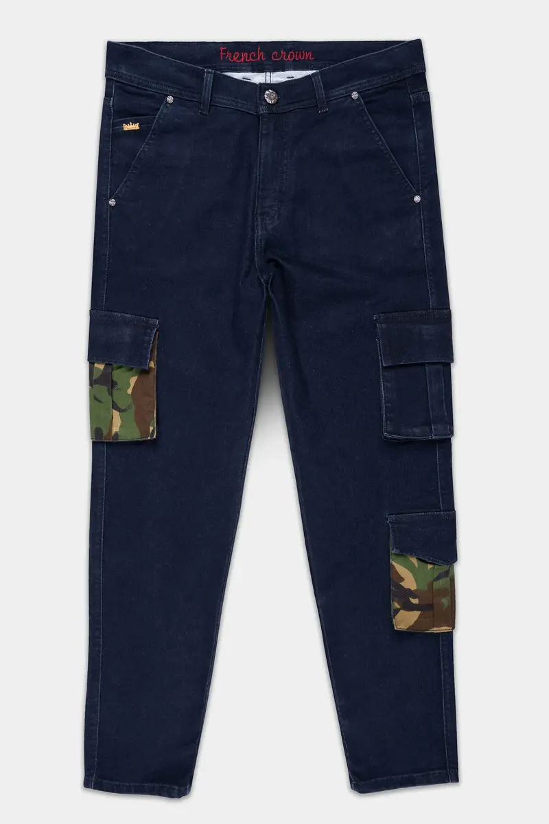 Berry Blue Rinse Wash Camouflage Pockets Printed Cargo Denim 2