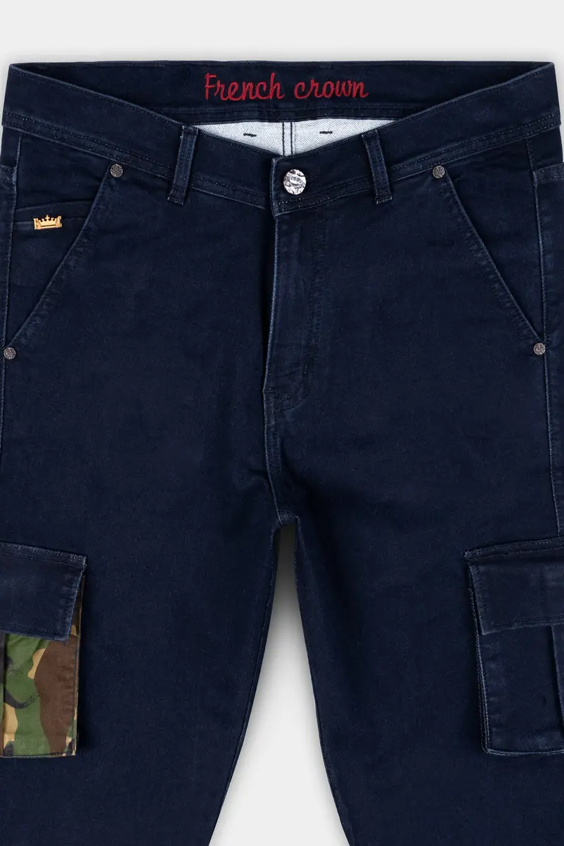 Berry Blue Rinse Wash Camouflage Pockets Printed Cargo Denim 4