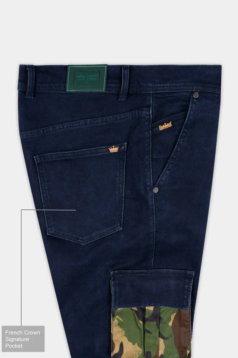 Berry Blue Rinse Wash Camouflage Pockets Printed Cargo Denim 7