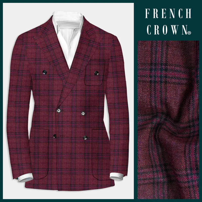 Berry Grid-Livid Maroon Plaid Tweed Double Breasted Sports Blazer 1