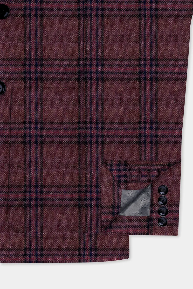 Berry Grid-Livid Maroon Plaid Tweed Double Breasted Sports Blazer 6
