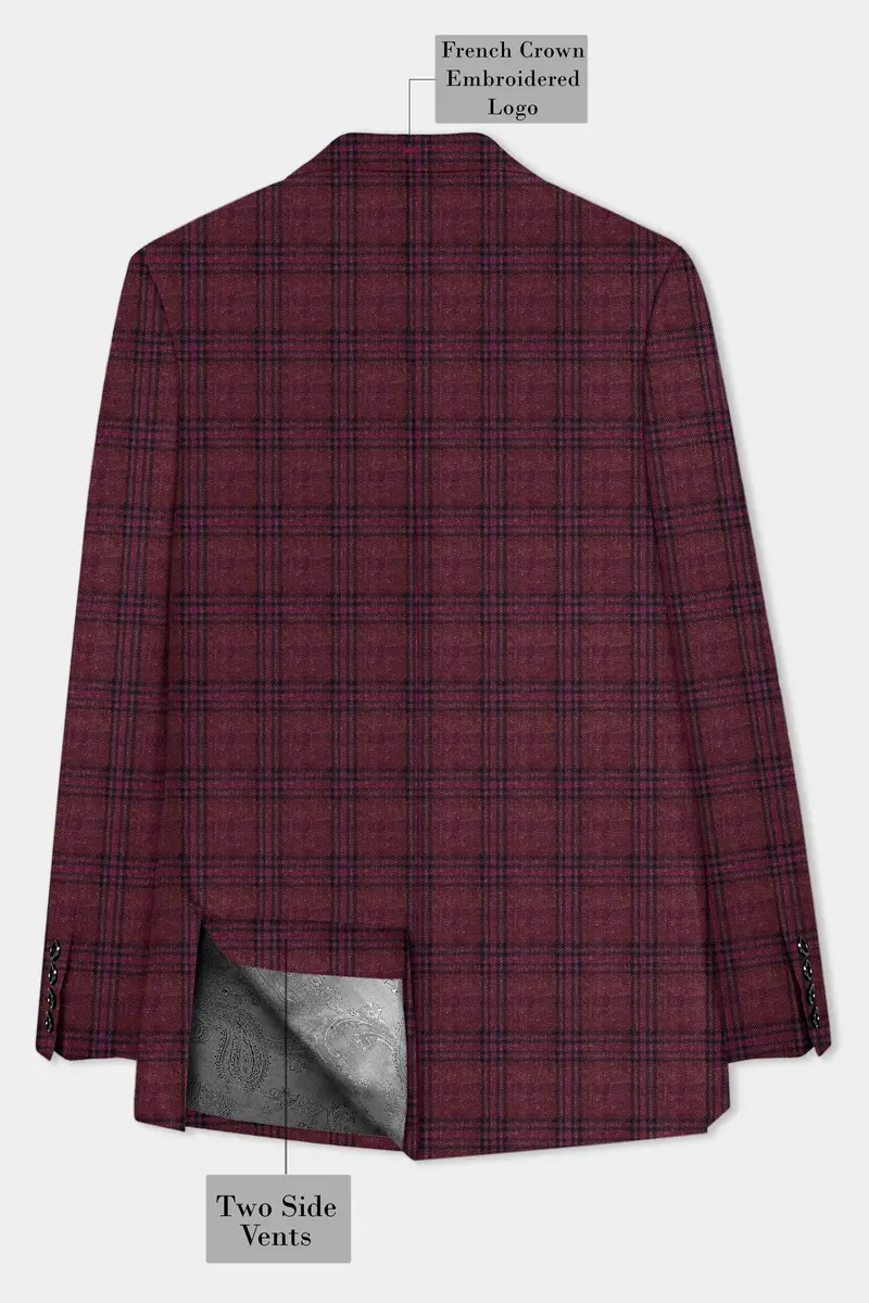 Berry Grid-Livid Maroon Plaid Tweed Double Breasted Sports Blazer 8