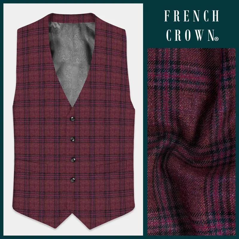 Berry Grid-Livid Maroon Plaid Tweed Waistcoat 1