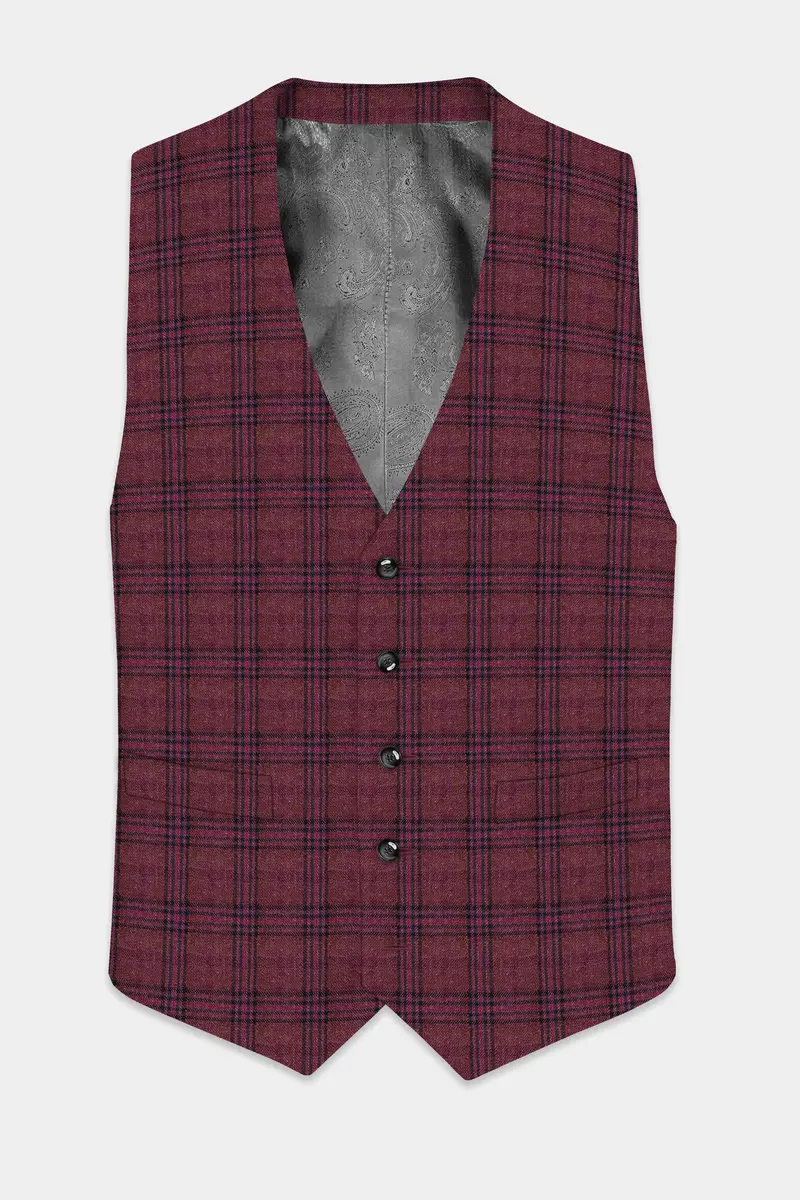 Berry Grid-Livid Maroon Plaid Tweed Waistcoat 2