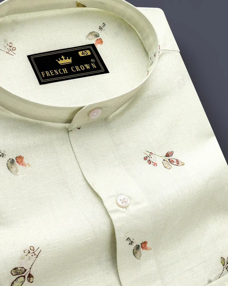 Beryl Beige Leaves Printed Luxurious Linen Shirt 1