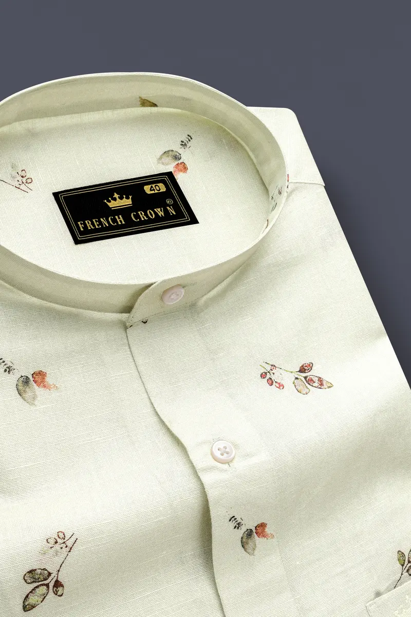 Beryl Beige Leaves Printed Luxurious Linen Shirt 2