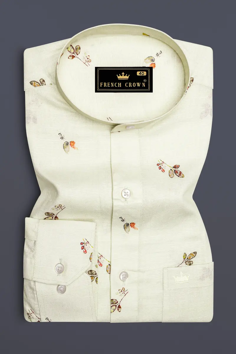 Beryl Beige Leaves Printed Luxurious Linen Shirt 4