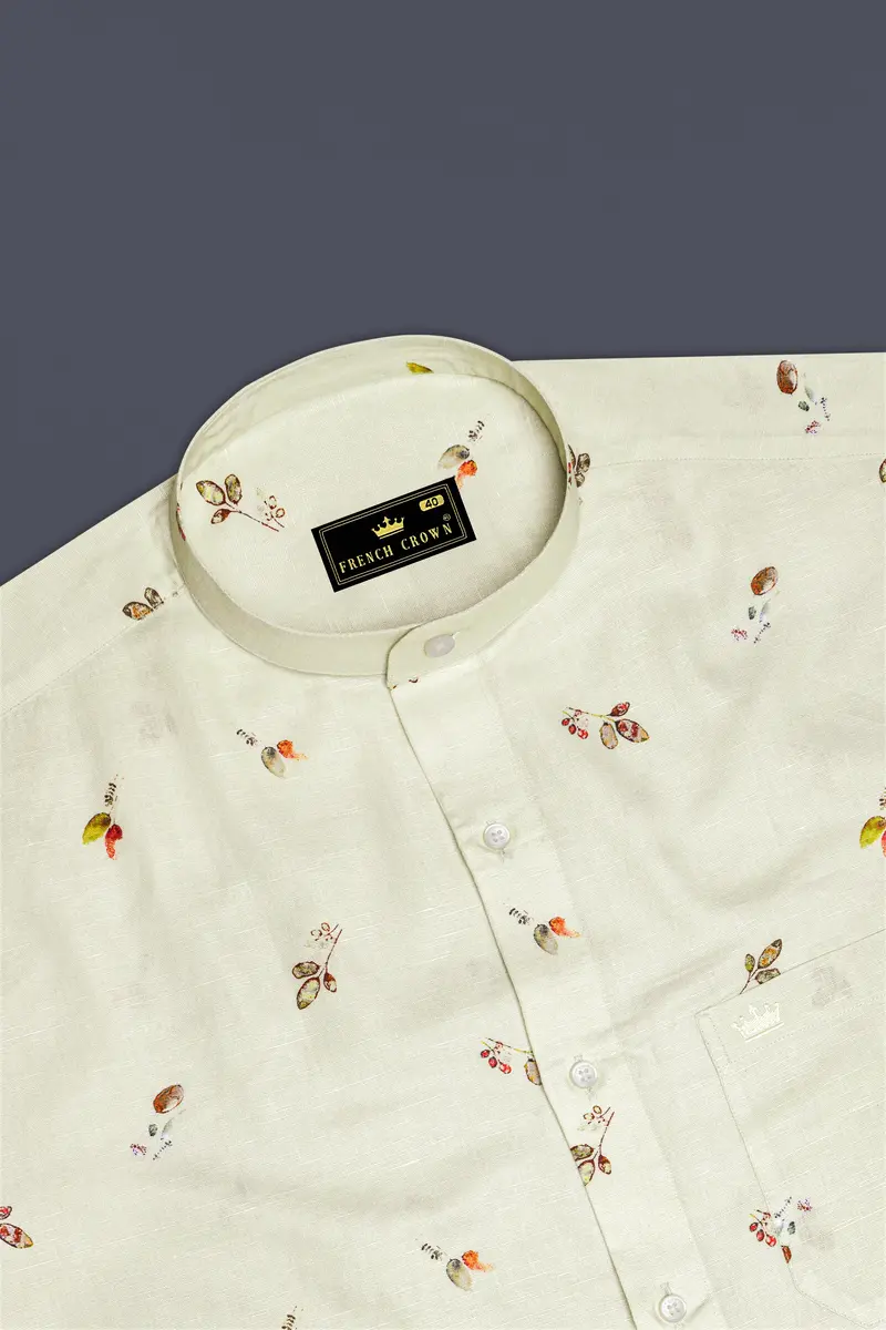 Beryl Beige Leaves Printed Luxurious Linen Shirt 5