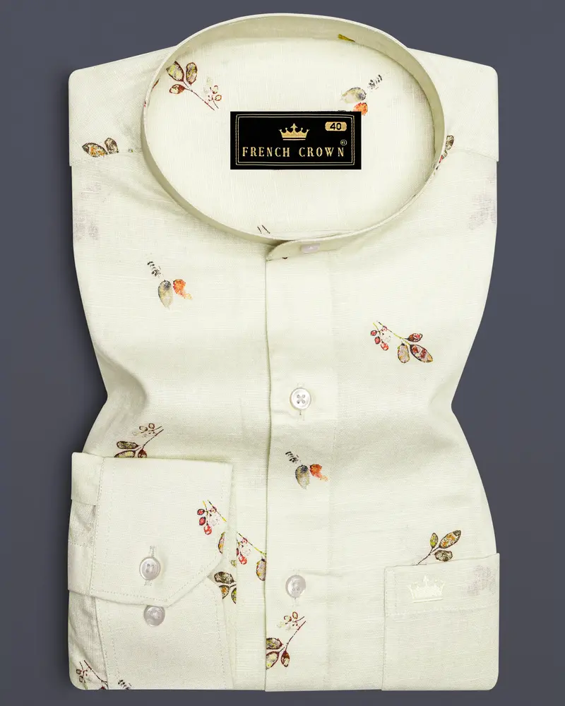 Beryl Beige Leaves Printed Luxurious Linen Shirt 6