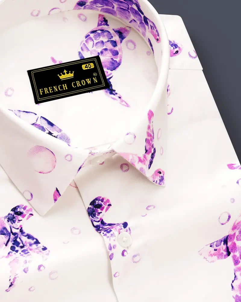 Bianora-Bright White And Eminence Purple Turtles Printed Super Soft Premium Cotton Casual Shirt 1