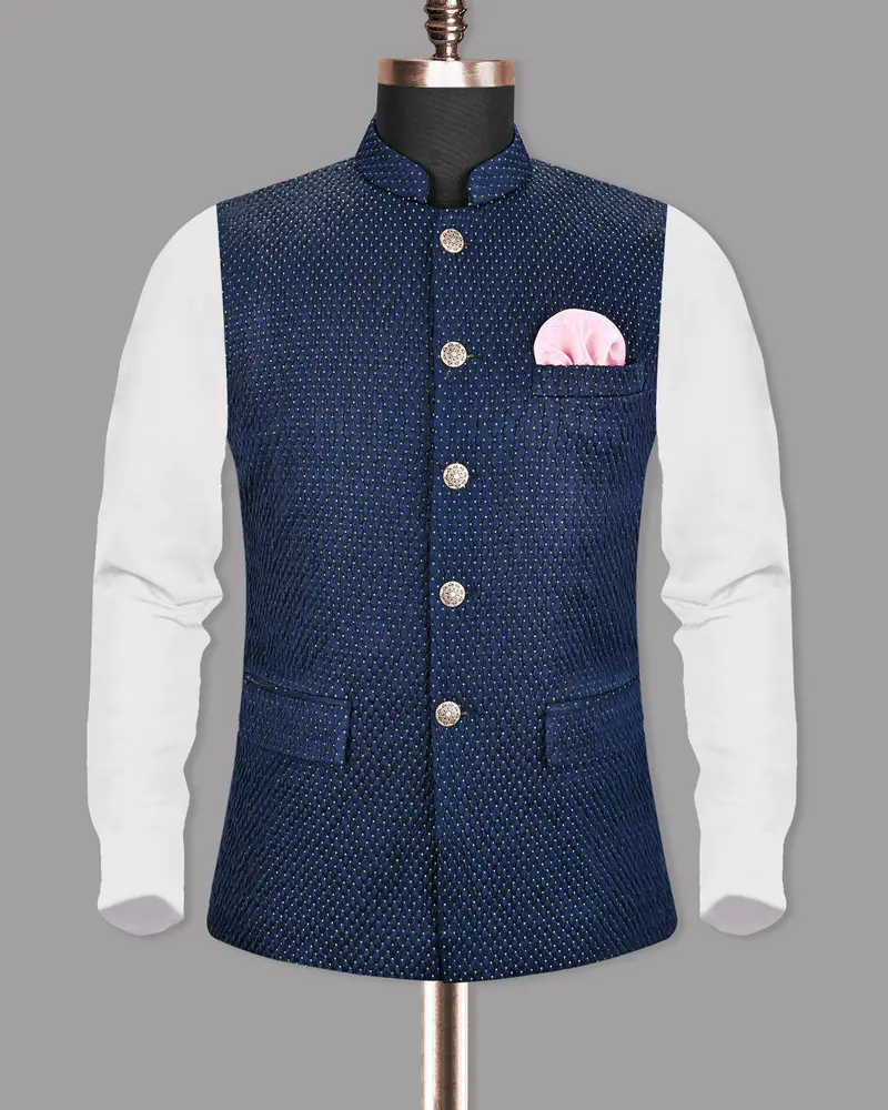Big Stone Blue Jacquard Designer Nehru Jacket 5