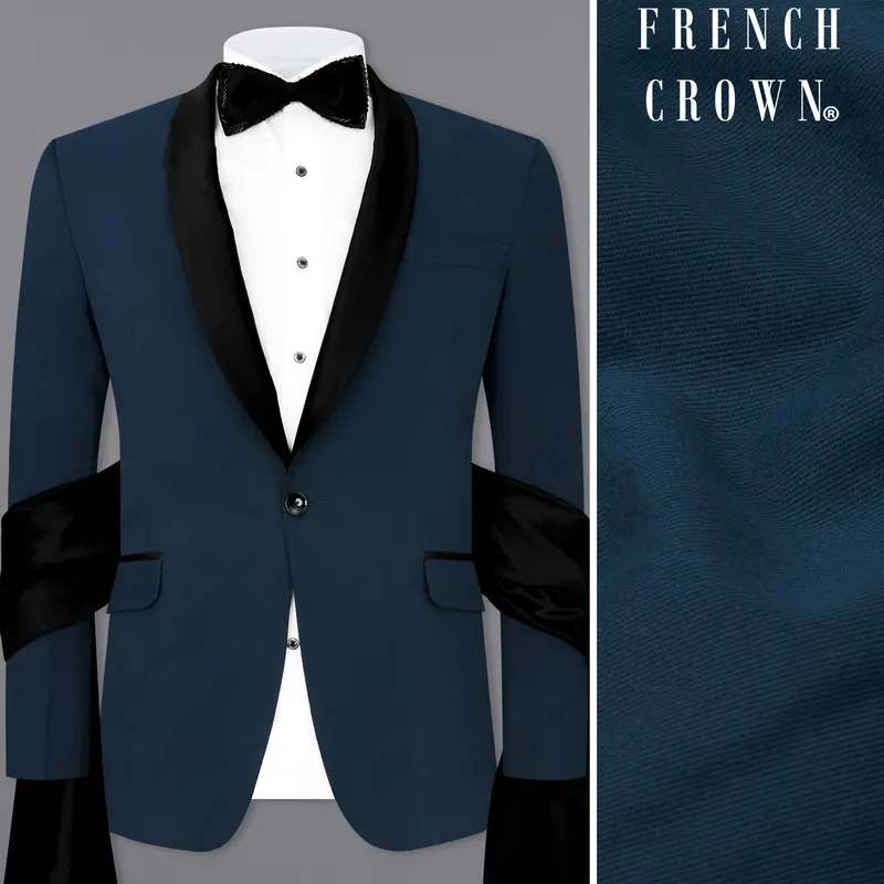 Big Stone Blue Premium Cotton Designer Tuxedo Blazer With Shawl 1