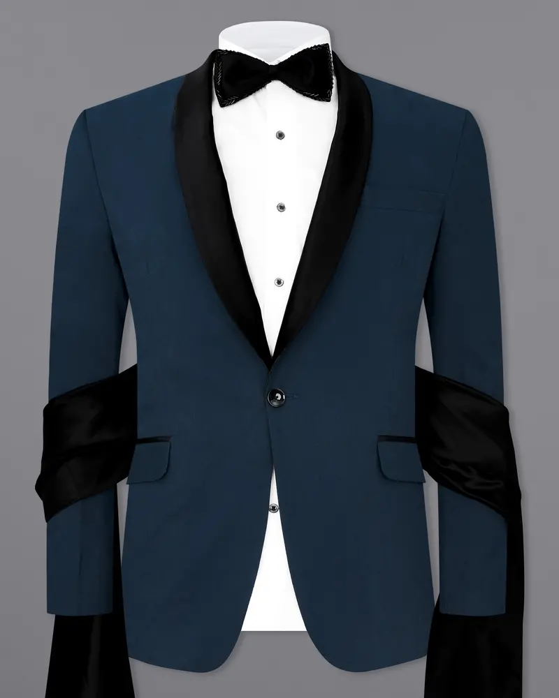 Big Stone Blue Premium Cotton Designer Tuxedo Blazer With Shawl 2