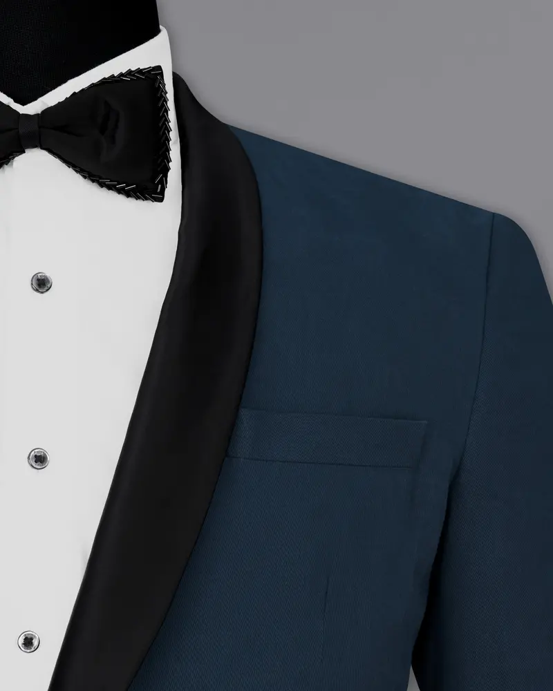 Big Stone Blue Premium Cotton Designer Tuxedo Blazer With Shawl 6