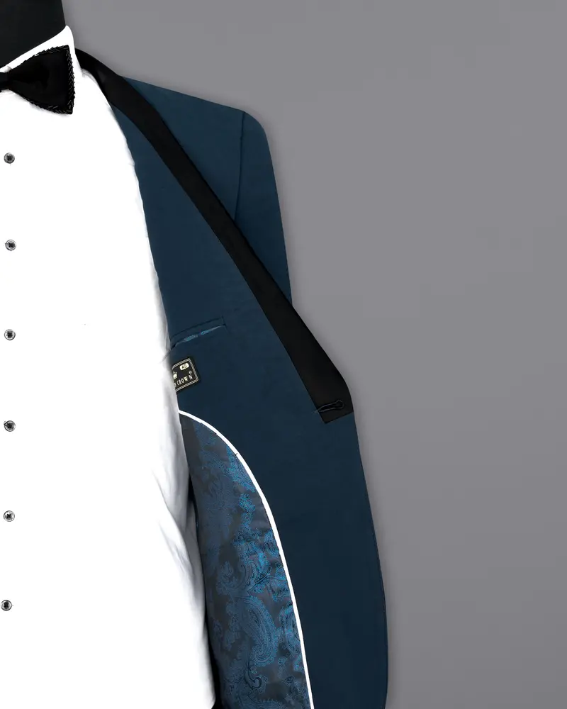 Big Stone Blue Premium Cotton Designer Tuxedo Blazer With Shawl 7