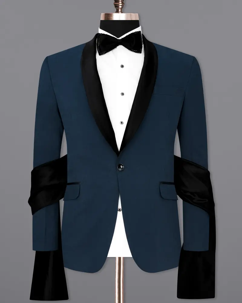 Big Stone Blue Premium Cotton Designer Tuxedo Blazer With Shawl 8