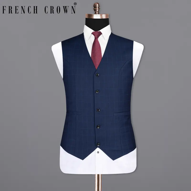 Big Stone Blue Super Fine Subtle Checkered Wool Rich Waistcoat 1