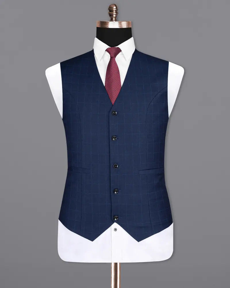 Big Stone Blue Super Fine Subtle Checkered Wool Rich Waistcoat 2