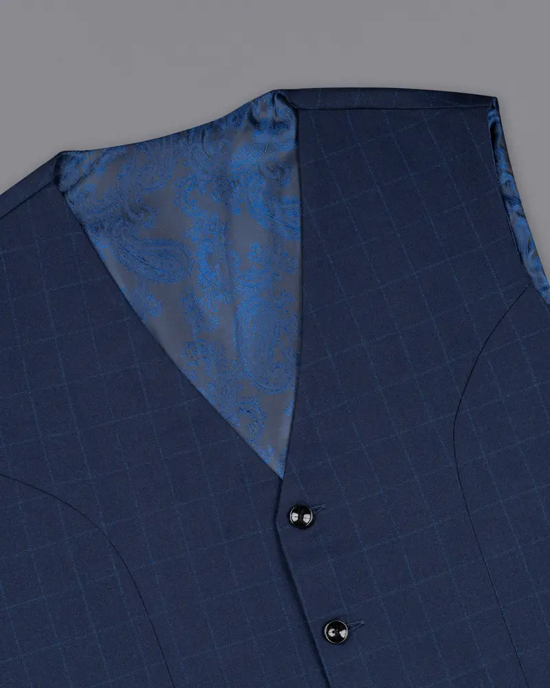 Big Stone Blue Super Fine Subtle Checkered Wool Rich Waistcoat 4