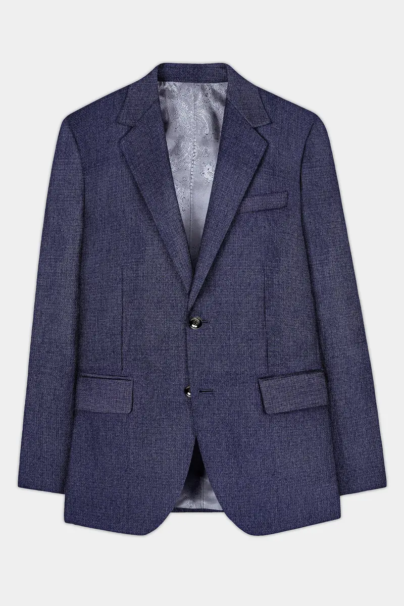 Big Stone Blue Textured Wool Blend Single Breasted Blazer 7