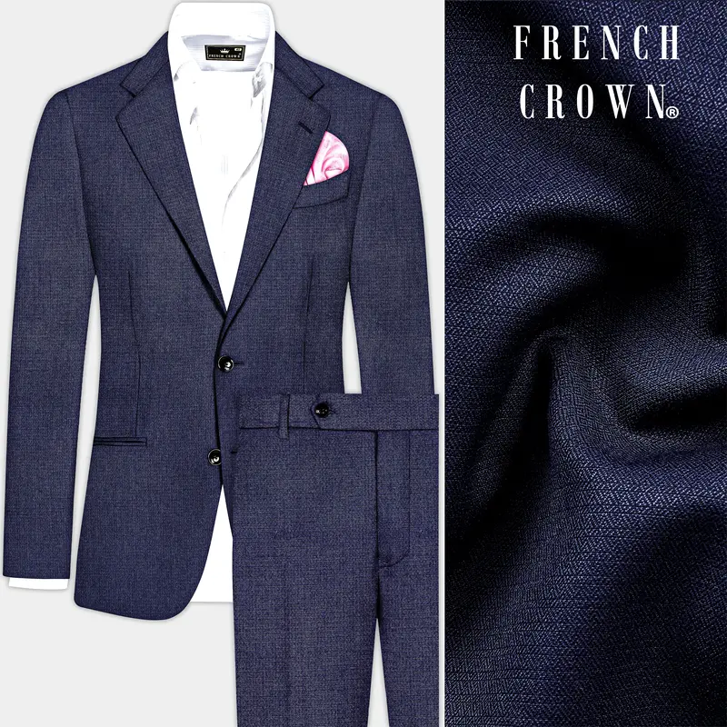 Big Stone Blue Textured Wool Blend Single Breasted Suit 1