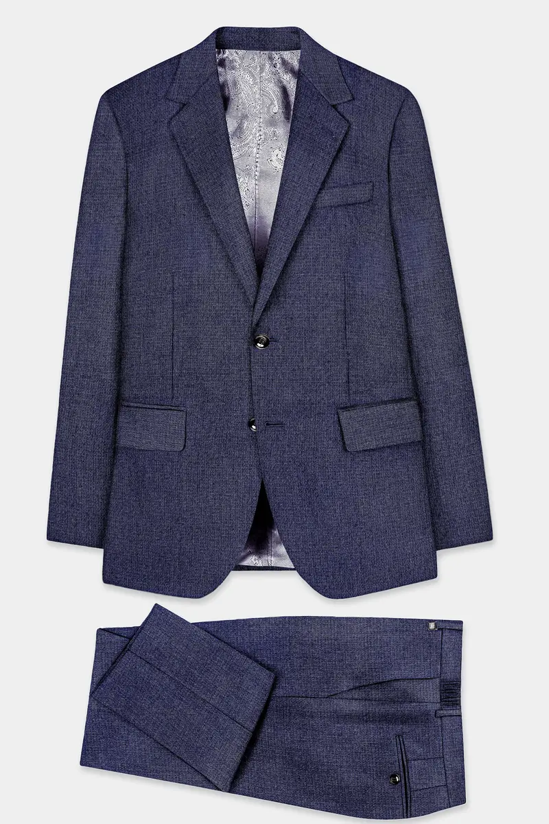 Big Stone Blue Textured Wool Blend Single Breasted Suit 11