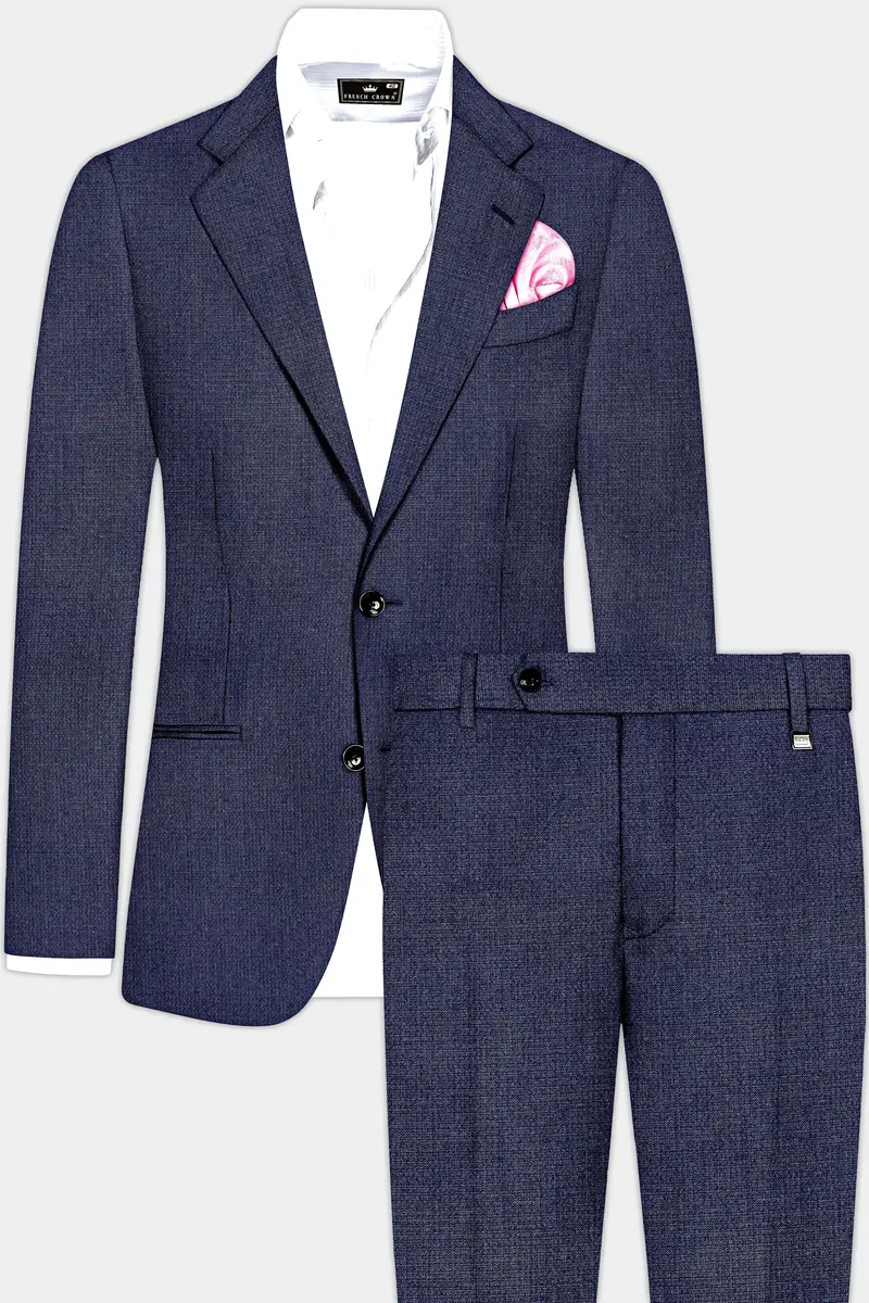 Big Stone Blue Textured Wool Blend Single Breasted Suit 2