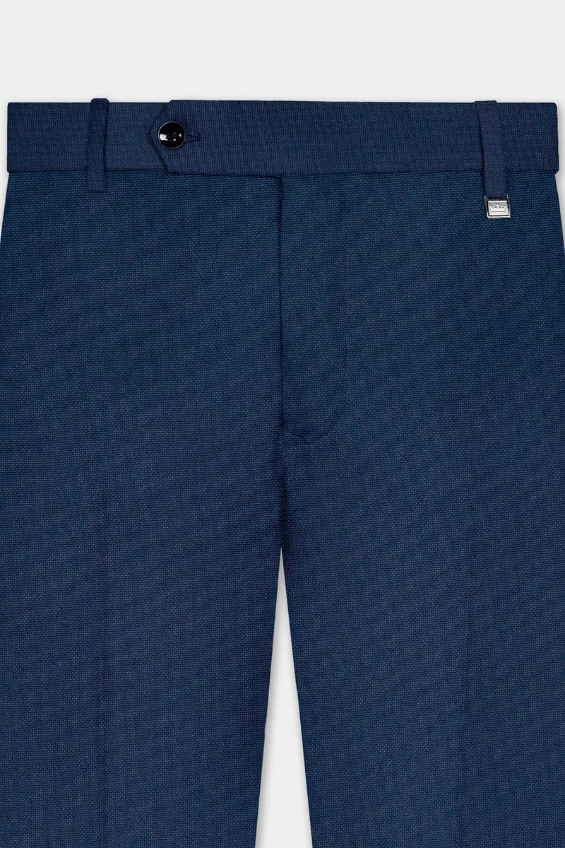 Big Stone Blue Textured Wool Blend Stretchable Waistband Pant 4