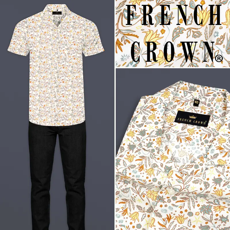 Binaca White And Lemon Yellow Multicolour Floral Printed Premium Cotton Shirt 8