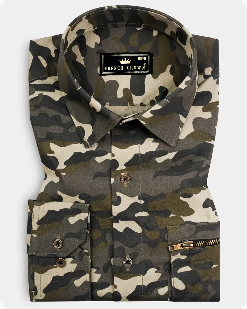 Birch Brown And Pavlova Cream Camouflage Military Printed Oxford Premium Cotton Designer Overshirt/Shacket 1