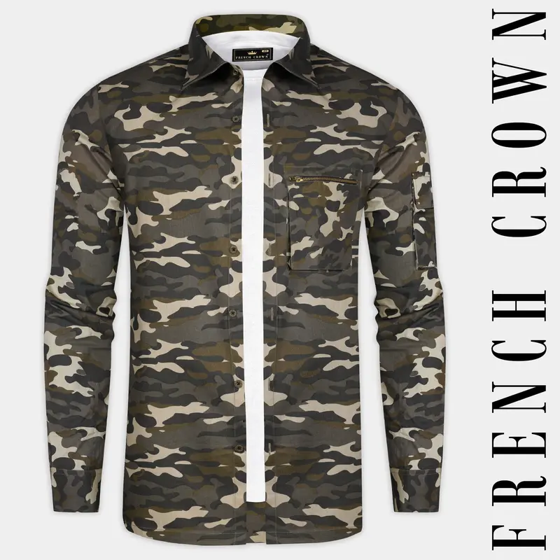 Birch Brown And Pavlova Cream Camouflage Military Printed Oxford Premium Cotton Designer Overshirt/Shacket 10