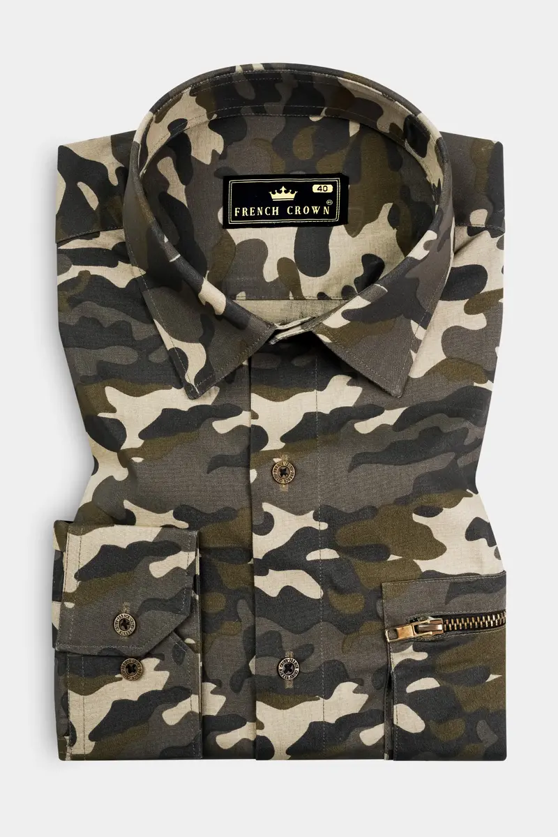 Birch Brown And Pavlova Cream Camouflage Military Printed Oxford Premium Cotton Designer Overshirt/Shacket 2