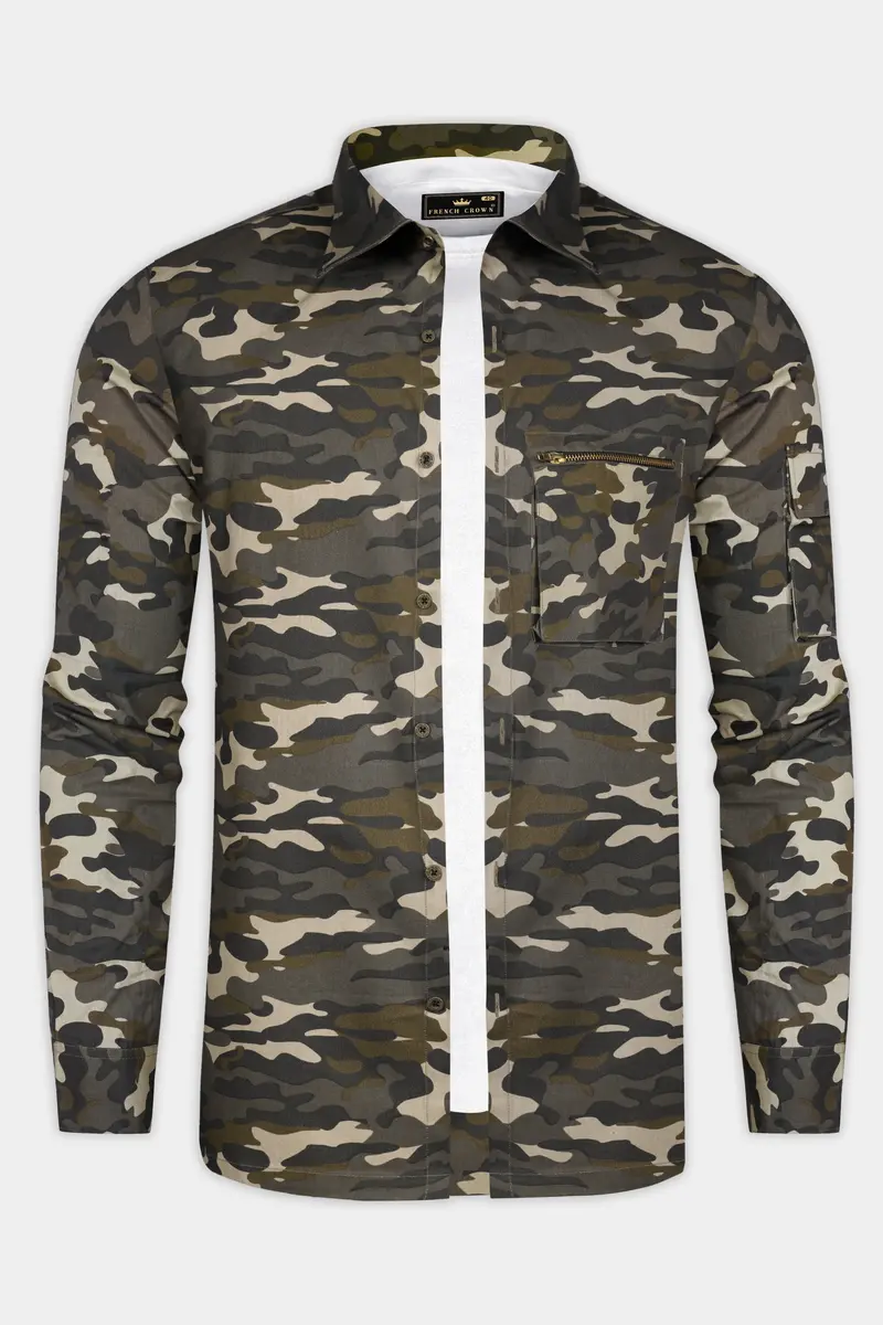Birch Brown And Pavlova Cream Camouflage Military Printed Oxford Premium Cotton Designer Overshirt/Shacket 5
