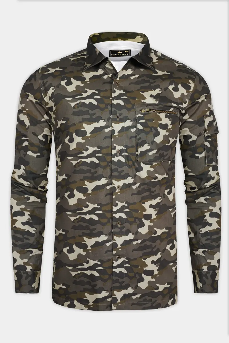 Birch Brown And Pavlova Cream Camouflage Military Printed Oxford Premium Cotton Designer Overshirt/Shacket 6