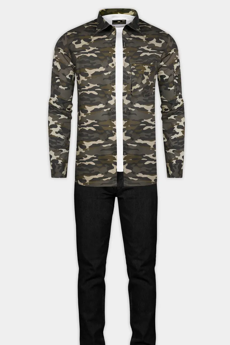Birch Brown And Pavlova Cream Camouflage Military Printed Oxford Premium Cotton Designer Overshirt/Shacket 8