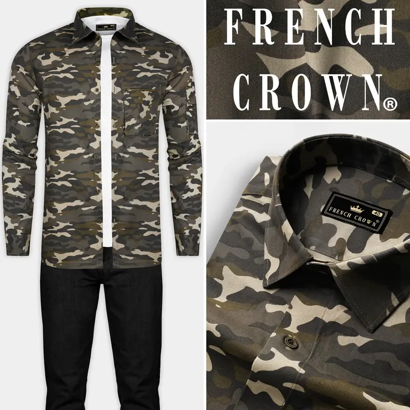 Birch Brown And Pavlova Cream Camouflage Military Printed Oxford Premium Cotton Designer Overshirt/Shacket 9