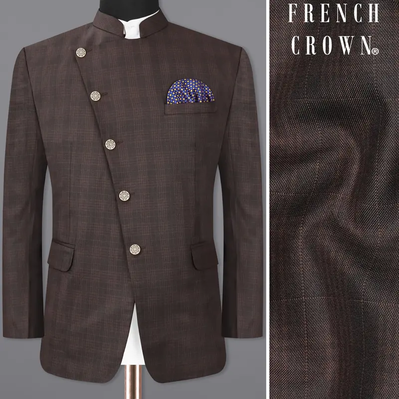 Birch Brown Plaid Cross Placket Bandhgala Blazer 1