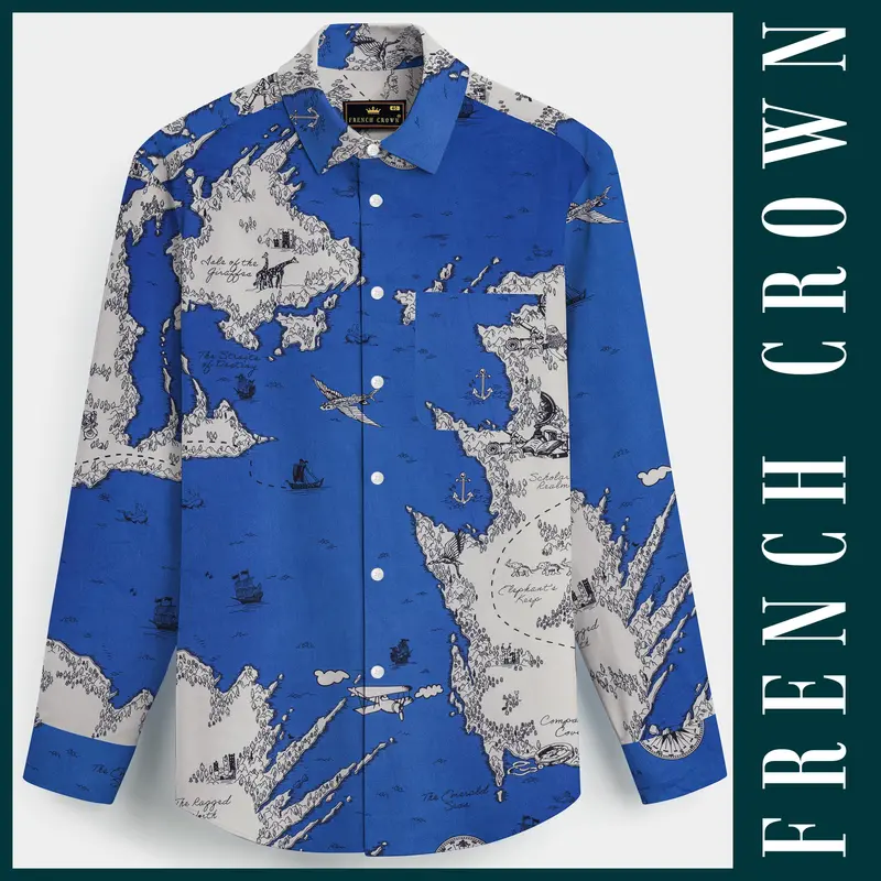 Biscay Blue And Bright White Map Printed Subtle Sheen Super Soft Premium Cotton Shirt 1