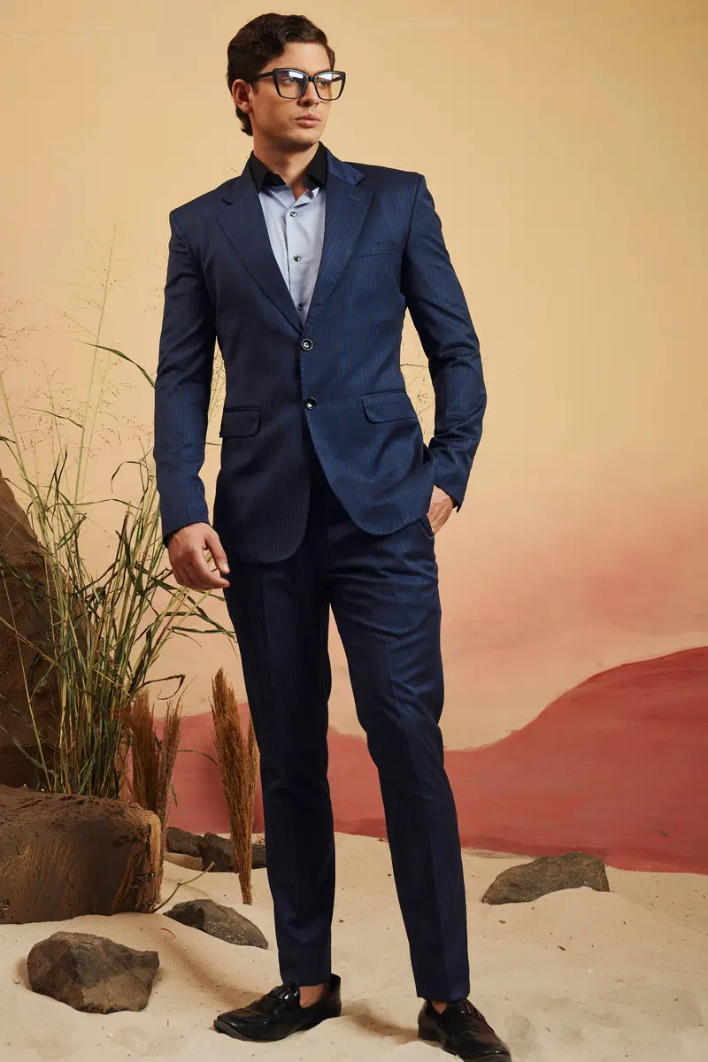 Biscay Blue And Jade Black Striped Wool Rich Pant 8