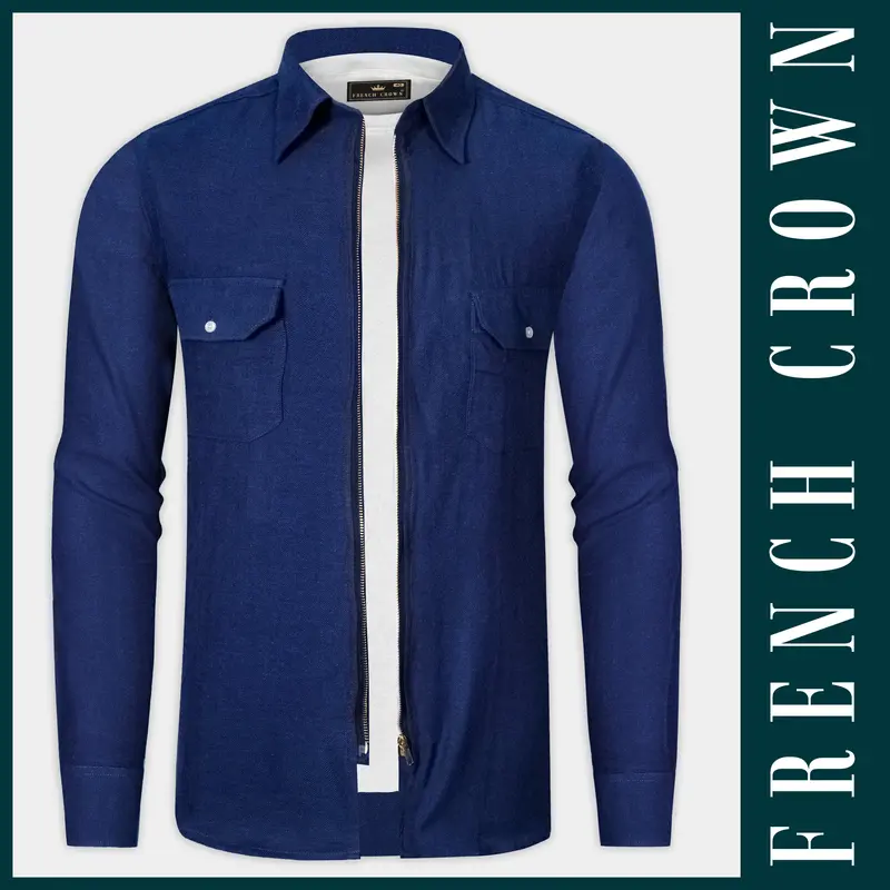 Biscay Blue Herringbone Pattern Premium Cotton Overshirt/Shacket 1