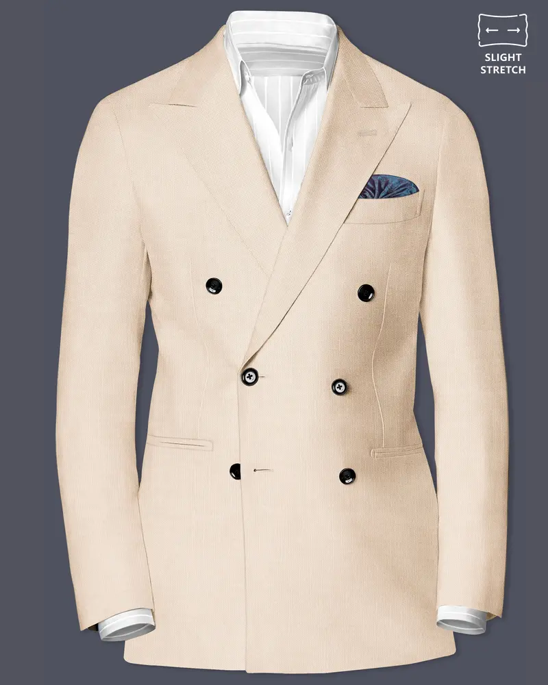 Biscotti-Parchment Cream Solid Wool Rich Double Breasted Slight Stretch Blazer 1