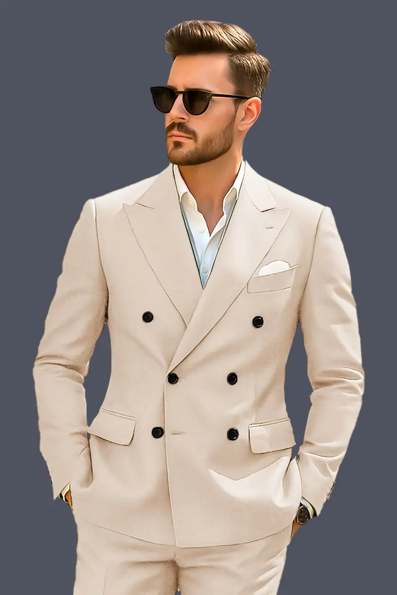 Biscotti-Parchment Cream Solid Wool Rich Double Breasted Slight Stretch Blazer 10