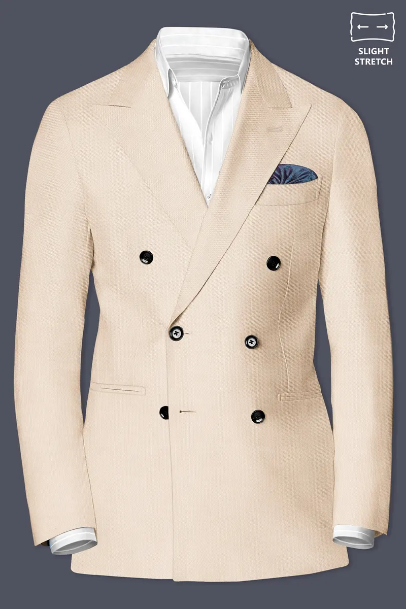 Biscotti-Parchment Cream Solid Wool Rich Double Breasted Slight Stretch Blazer 2