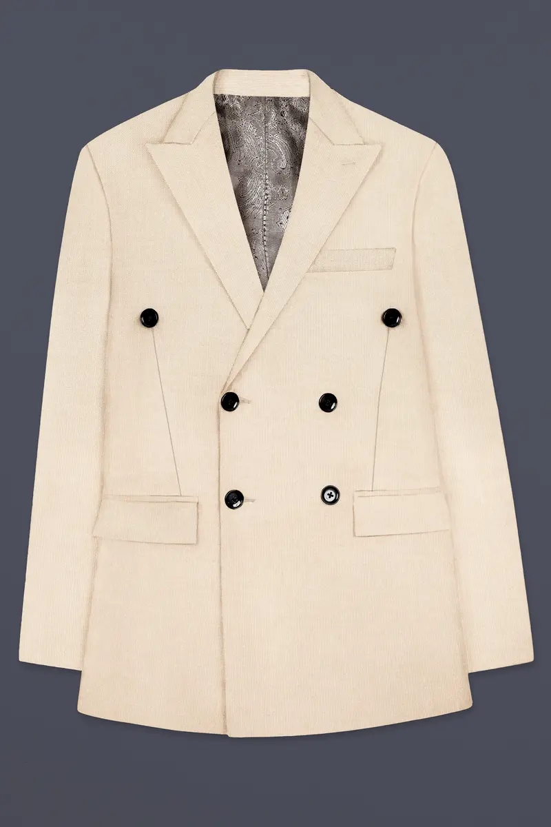 Biscotti-Parchment Cream Solid Wool Rich Double Breasted Slight Stretch Blazer 8